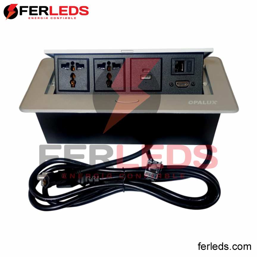 FERLEDS. OPALUX TOMACORRIENTE PARA MESA 2 TOMAS  - PLATEADO - USB - C - HDMI - RJ45