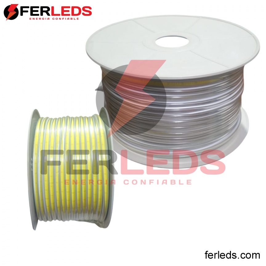 Ferleds. Manguera LED COB Transparente Luz Roja 220V Conexión Directa - 288 LEDs/m - Rollo 100m (Luz Lineal Continua)