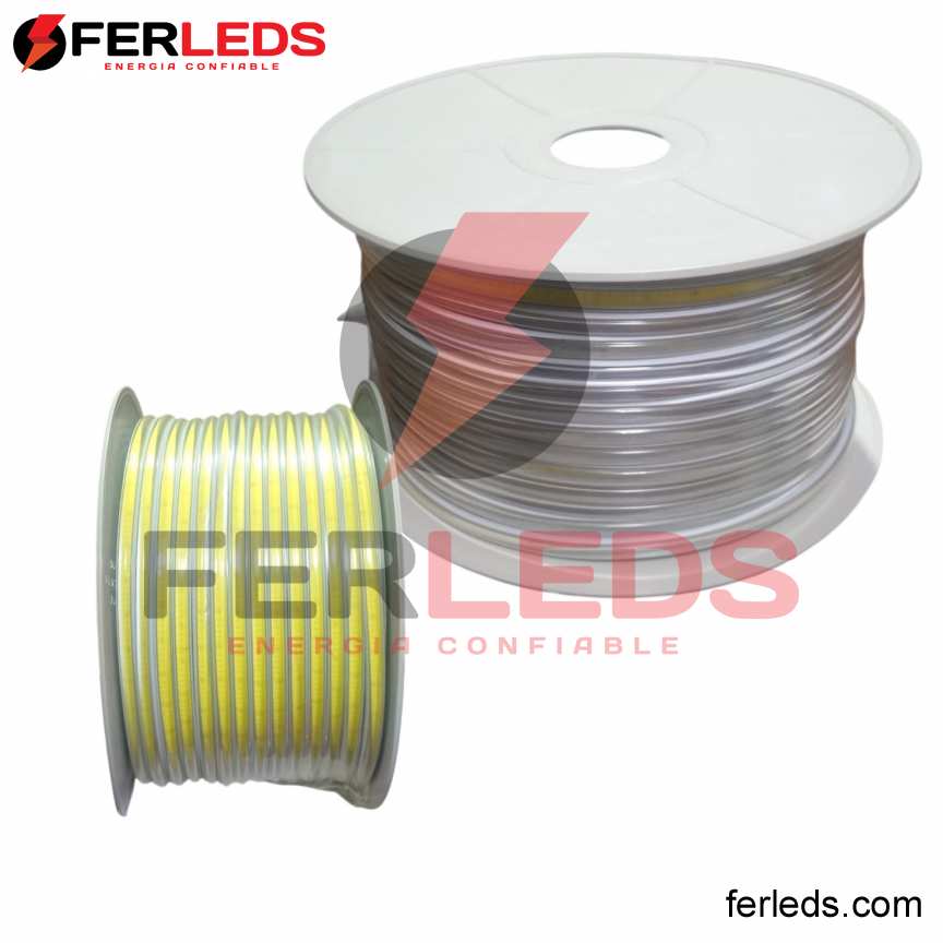 Ferleds. Manguera LED COB Transparente Luz Azul 220V Conexión Directa - 288 LEDs/m - Rollo 100m (Luz Lineal Continua)